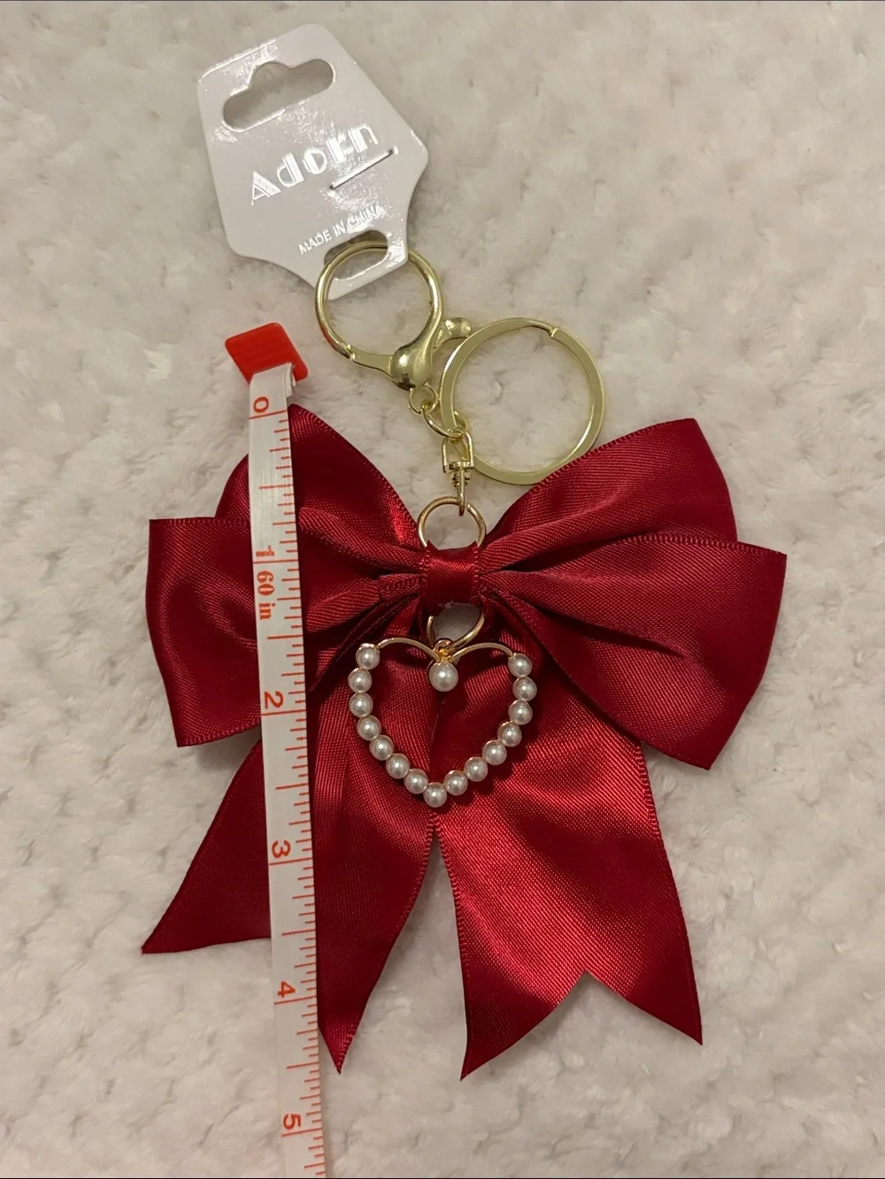 Red Satin Bow Keychain with Pearl Heart Charm